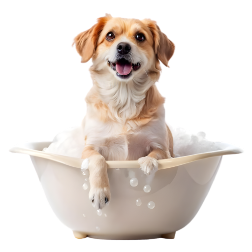 Happy dog relaxing in a bath at Pet Wishes Spa
